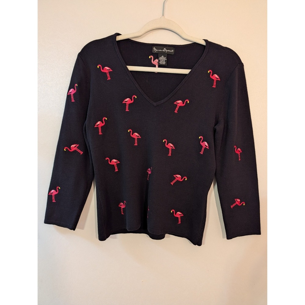 Mercer & Madison‎ Womens Black Cotton Flamingo Embroidered V-Neck Sweater Size M